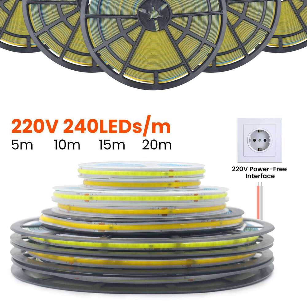 AC 220V COB Strip 240Leds/M 5M 10M 20M 50M/Roll Red/Green/Ice Blue/Pink/White/Purple Flexible Ribbon LED Light For Home Decor Z260206