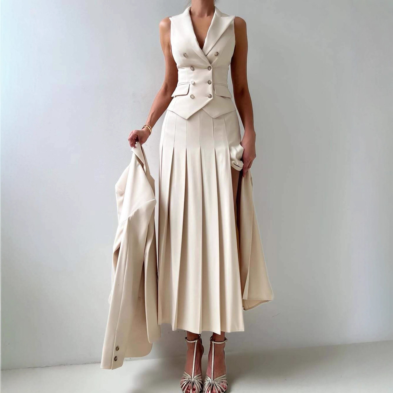 3pcs Women Elegant Work Casual Business Suit Set Fitted Vest for SpringSummer Pleated Midi Skirt Suitable for Office Lady 260109