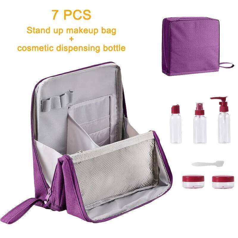 7pcs Standing Makeup Bag Set, Large Capacity Cosmetic & Toiletry Organizer with Bottles, Portable for Travel. Black White Purple Y260206