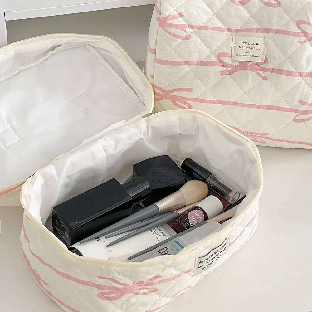 Pink Bowknot Women's Makeup Portable Tote Quilting Cosmetic Storage Pouch Handbag Make Up Large Cpapcity Zipper Mini Bag Y260206