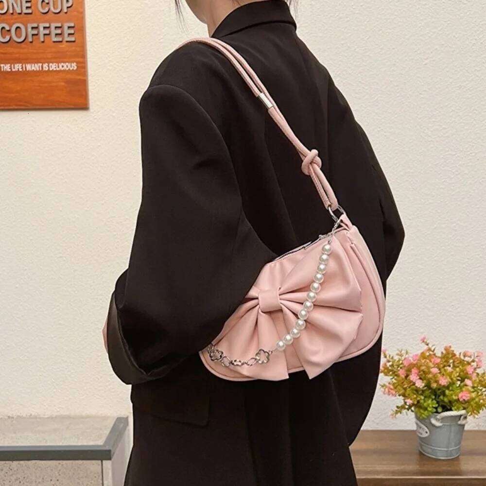 Fashion PU Leather Bowknot Shoulder Solid Color Pearl Women Underarm Bag Korean Style Large Capacity Bow Handbag Girls Z260207 - view 5