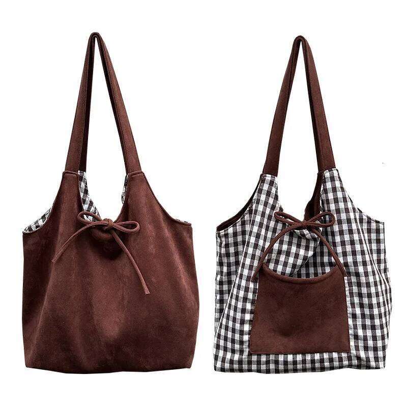 Large Capaci Plaid Canvas Women's Suede Fleece Single College Students Notebook Class Tote Bag Christmas Gifts 2025 Y260205