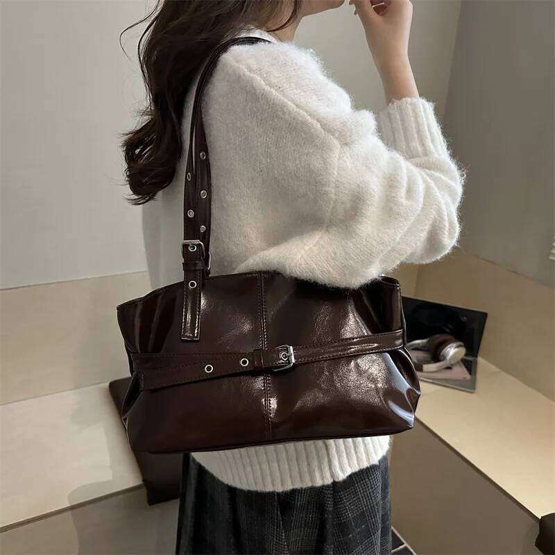 Autumn Retro Belt Design PU Shoulder Bags for Women Large Capacity Simple Ladies Tote Bag Solid Color Versatile Female Handbags Y260204
