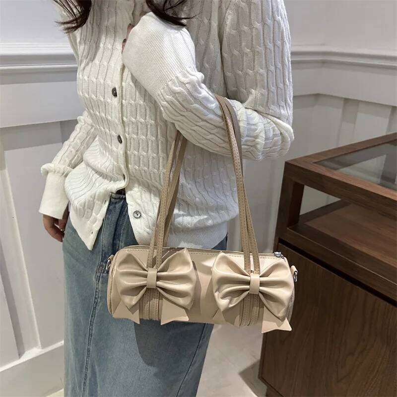 Elegant Bow Women's Small Pillow Handbags Pu Leather Ladies Shoulder Underarm Bags Barrel-shaped Purse Female Tote Crossbody Bag Y260205