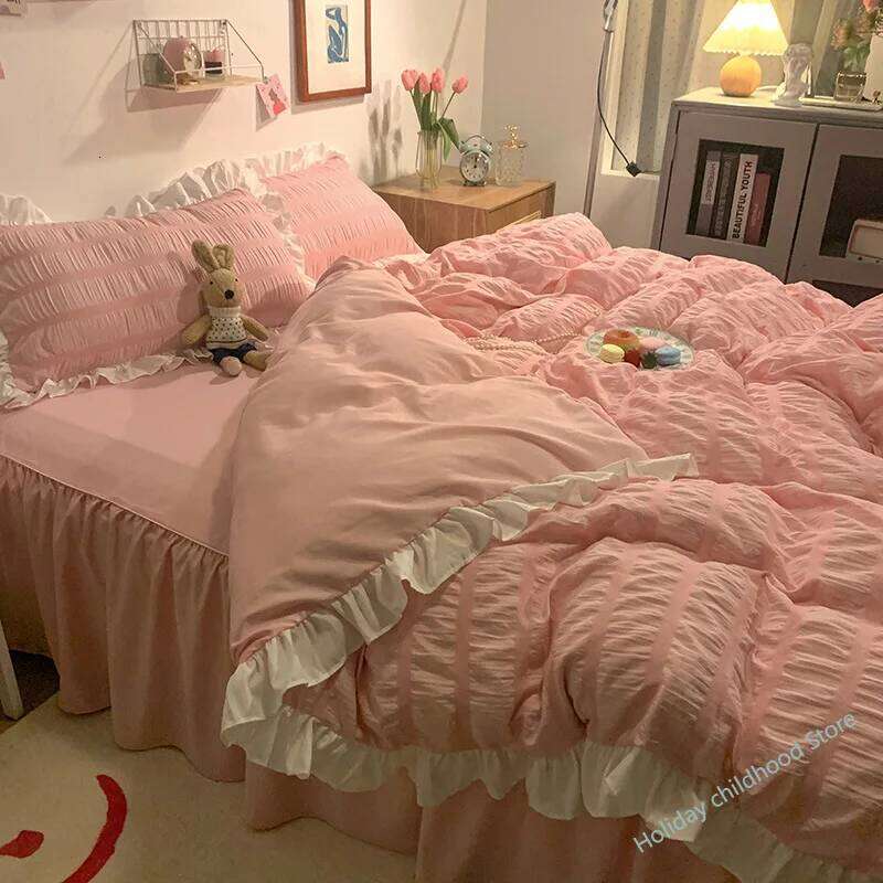Pink Ruffled Seersucker Duvet Cover Set 3/4pcs Soft Lightweight Down Alternative Grey Bedding with Bed Skirt and Pillowcases XJ260206