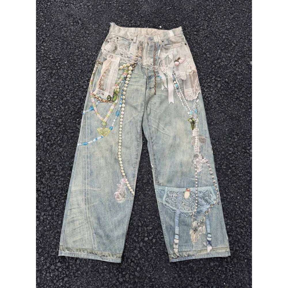 25SS lace pearl chain trompe l'oeil 3D printed 1981 straight leg jeans for men and women ropa hombre X260207