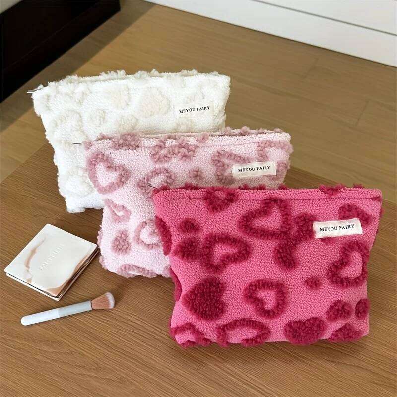 Women's Wool Velvet Heart-shaped Printed Makeup Sweet Style Travel Bag, Thick Portable Skincare Storage Bags Y260206