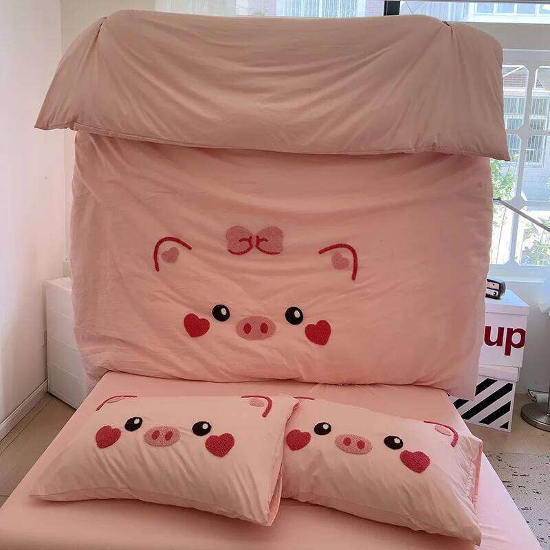 Cute Pig Bedding Set Embroidery No Filler Soft Ins Single Queen Size Duvet Cover Flat Sheet Pillowcase Girls Home Bed Linens XJ260206
