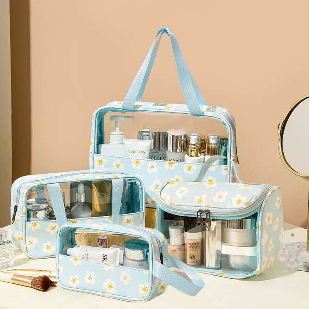 4PCS PVC Makeup Flower Printed Transparent Wash Handbag Waterproof Travel Cosmetic Pouch Convenient Toiletries Bag CoinPurse Y260206