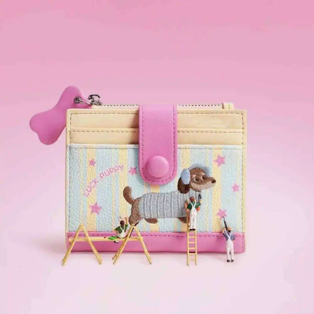 Sweet Dopamine Color Dachshund Embroidery Coin Purse Pouch Card Cartoon Pu Wallet Zipper Ins Small Item Bag Children Y260206