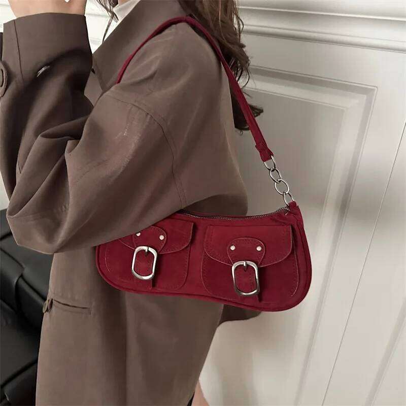 Autumn Vintage Women Suede Shoulder Bags Double Pocket Lock Design Ladies Underarm Bag Solid Color Female Phone Handbags Purse Y260205