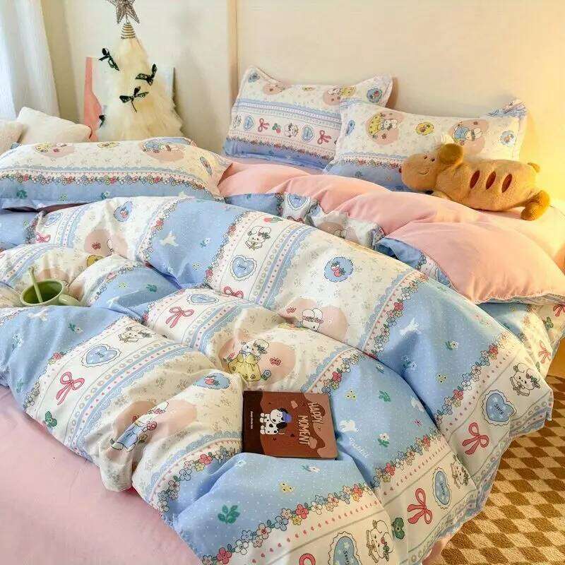 Cute Rabbit Bedding Set New No Filler Ins Floral Duvet Flat Sheet Pillowcases Twin Queen Size Girls Boys Comforter Cover XJ260206