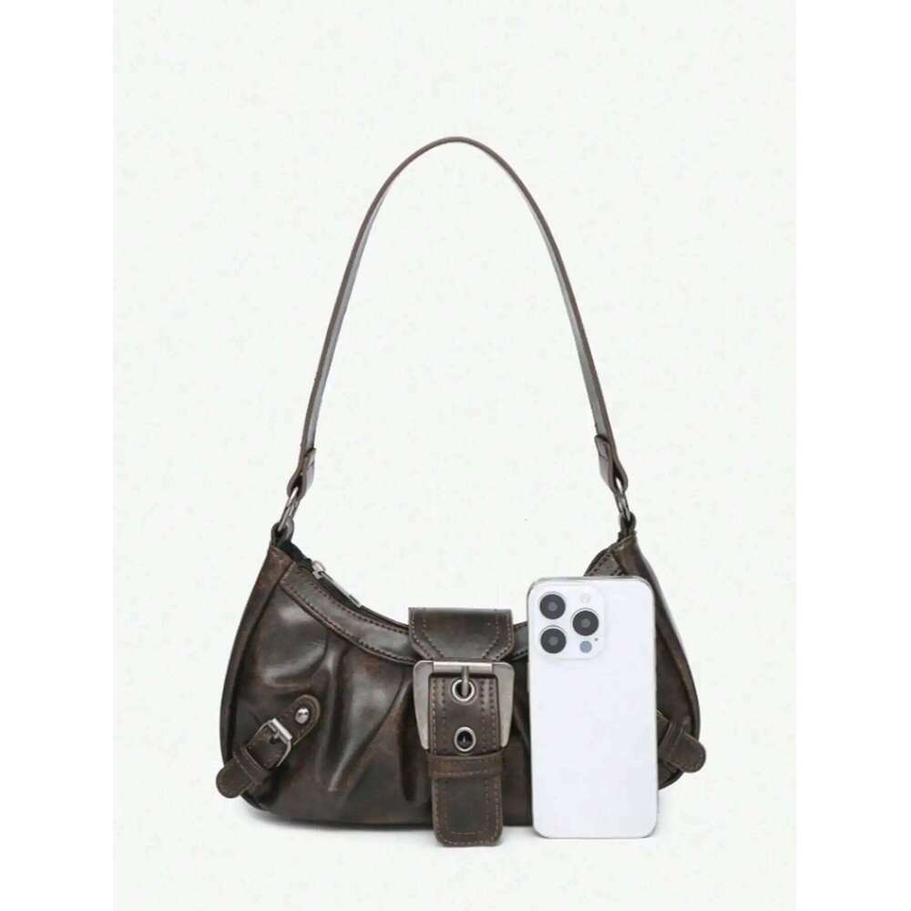 Y2K retro soft matte leather motorcycle with studs, straps, and pleated cloud decoration, can be worn as a shoulder bag or u Z260207 - view 5