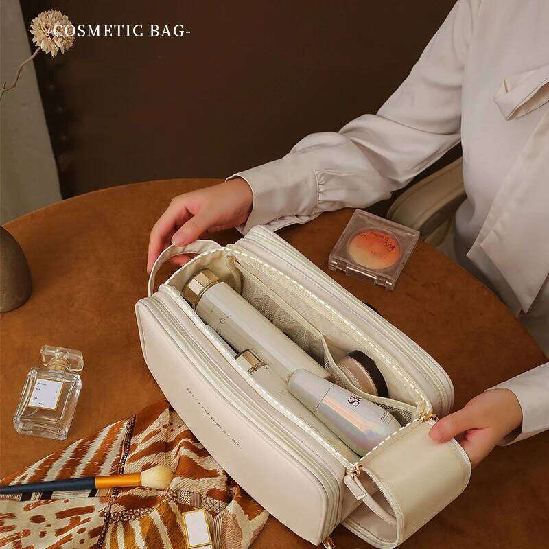 Pu Fahsion Women Tote Cosmetic Portable Double Zipper Makeup Storage Bags Ladies Large Capacity Travel Toiletry Bag Y260206