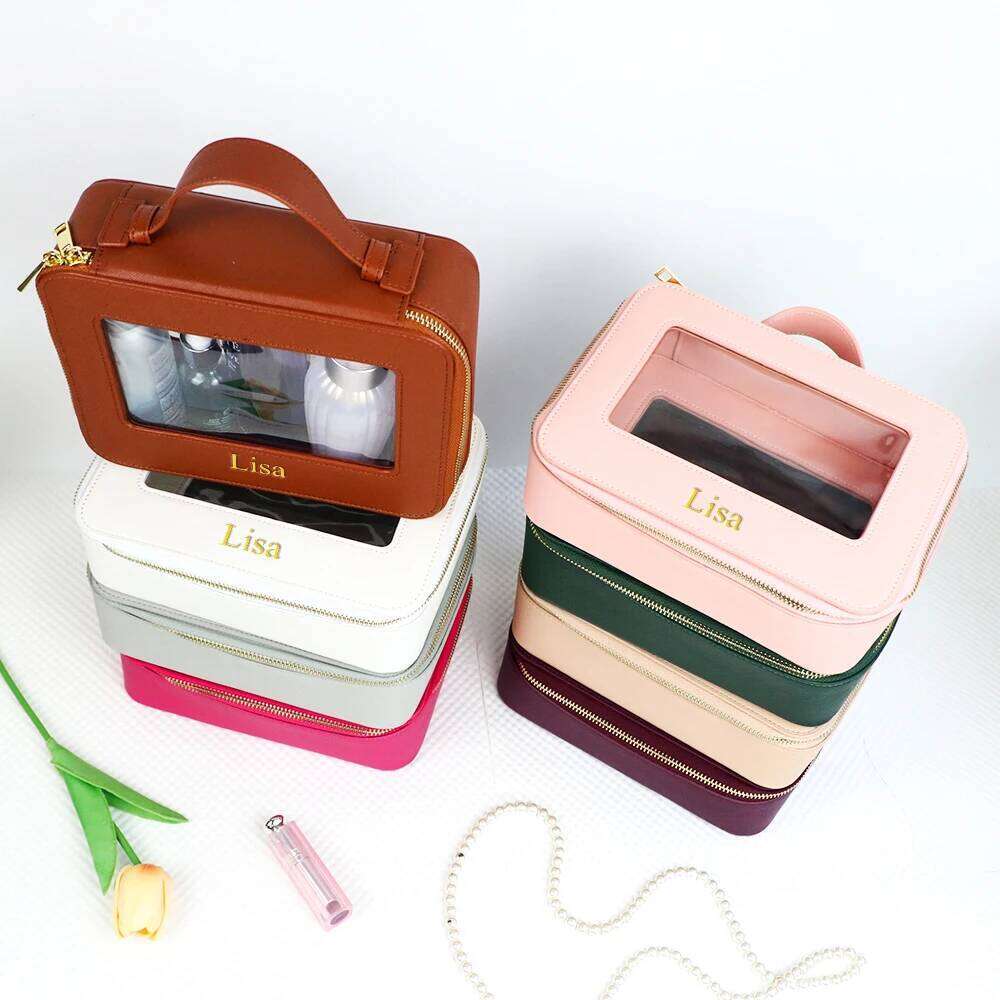 Customized name leather waterproof makeup brush bag, portable transparent PVC TPU storage bag Y260206
