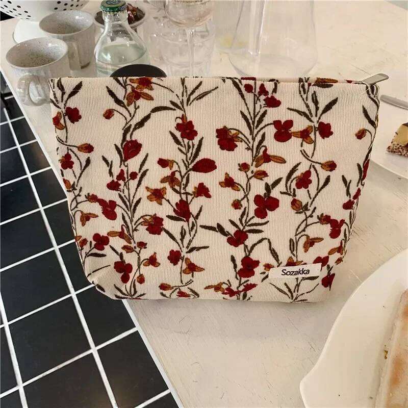 Fashion Retro Flowers Print Canvas Washing Bag Large Capacity Women Travel Cosmetic Pouch Make Up Storage Bags Y260206