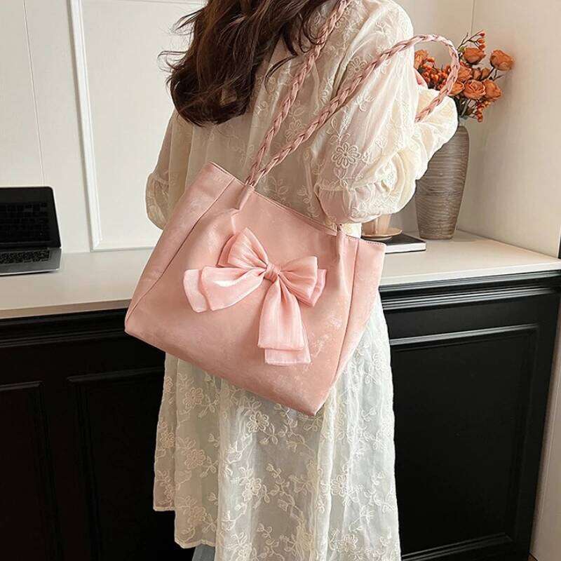 Fashion Girls Bowknot Soft Shoulder Solid Zipper Versatile Ballet Style Portable Tote Braid Strap Underarm Casual Bag Z260207 - view 4