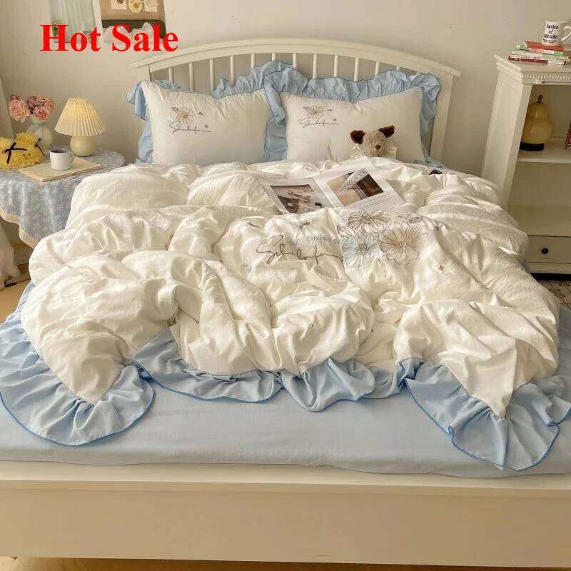 2025 lace embroidery small fresh and cute girl heart four-piece set washed cotton summer sheet quilt cover bed hat XJ260206