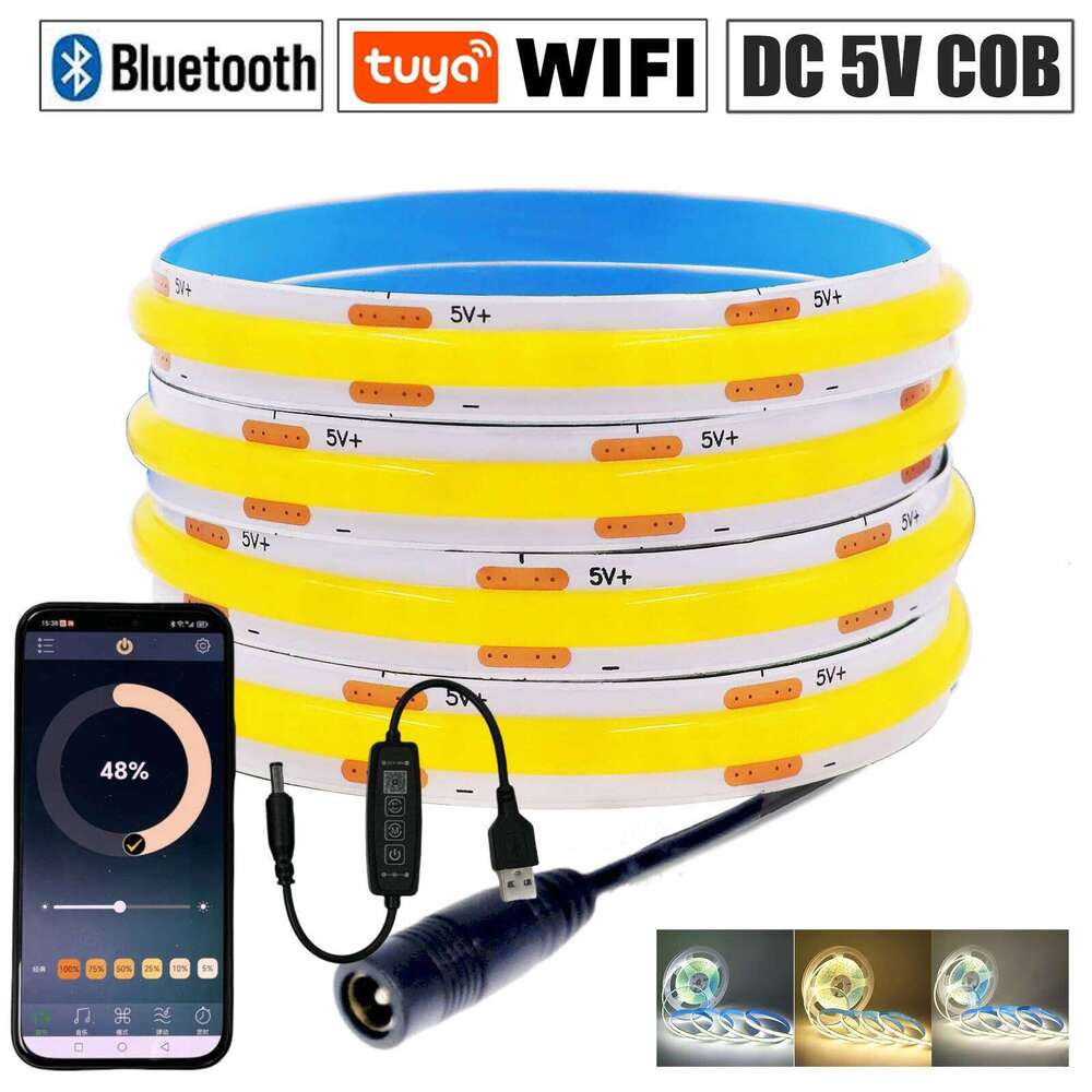 DC 5V USB COB Strip Tuya WIFI /Bluetooth/17Key Remote Control 3000K 4000K 6000K White Flexible Ribbon Rope LED Cabinet Light Z260206