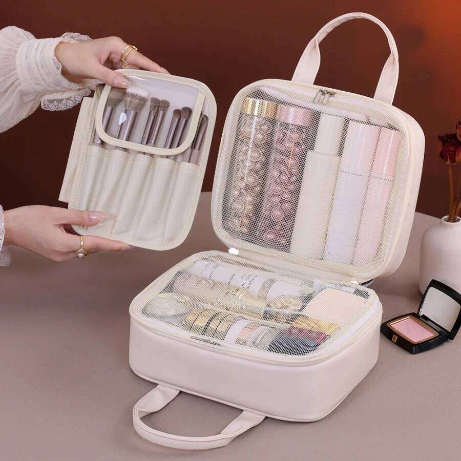 Multifunctional For Women PU Leather Large Capacity Portable Double Zipper Travel Makeup Brush Toiletries Storage Bag Y260206
