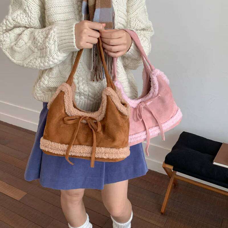 Vintage Shearling Suede Tote Women Large Capacity Bow Shoulder Autumn Winter Fashion Simple Texture Casual Bucket Bag Y260204