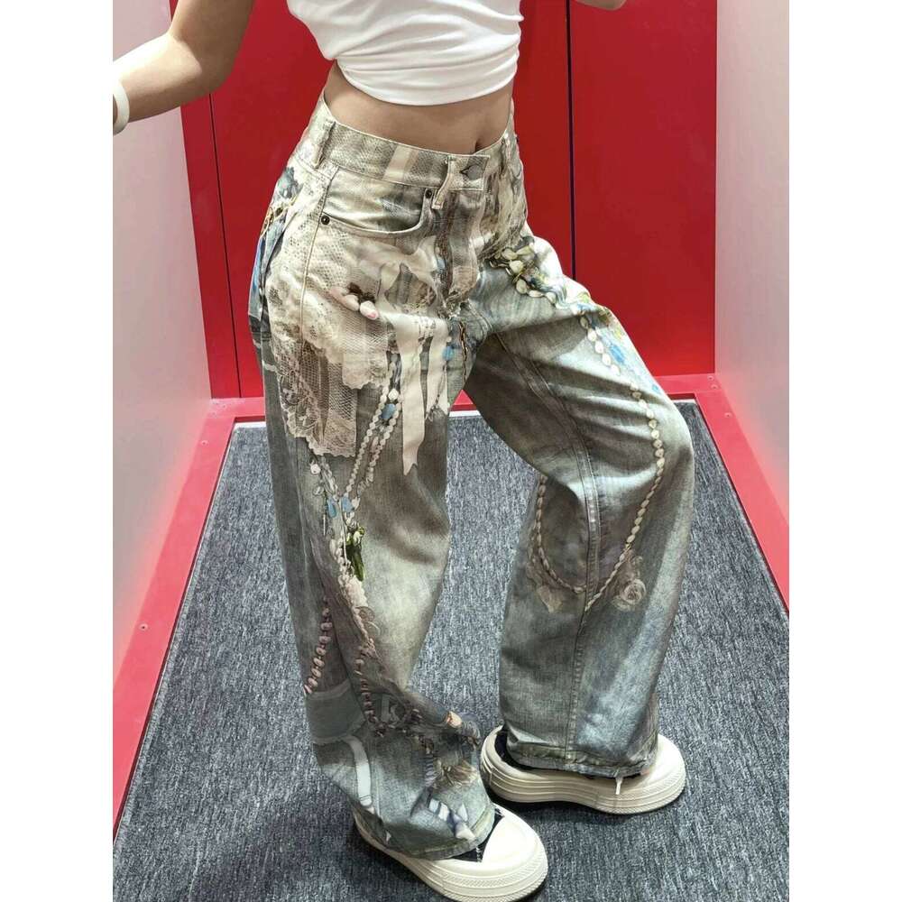 25SS lace pearl chain trompe l'oeil 3D printed 1981 straight leg jeans for men and women ropa hombre X260207