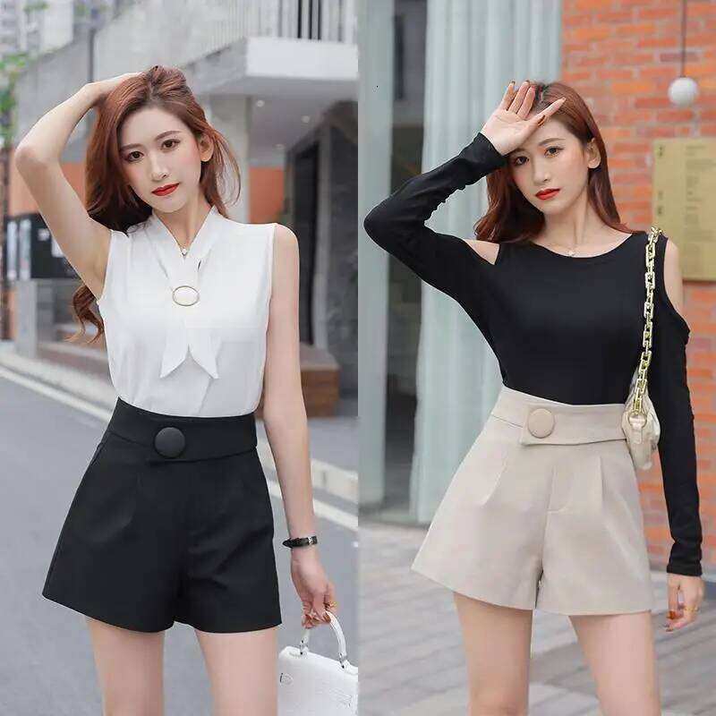 Wide Leg Women's Shorts Fashion Aesthetic Casual High Waist Korean Summer Cotton Black Sexy Elastic Vintage Luxury Short Pants XJ260206