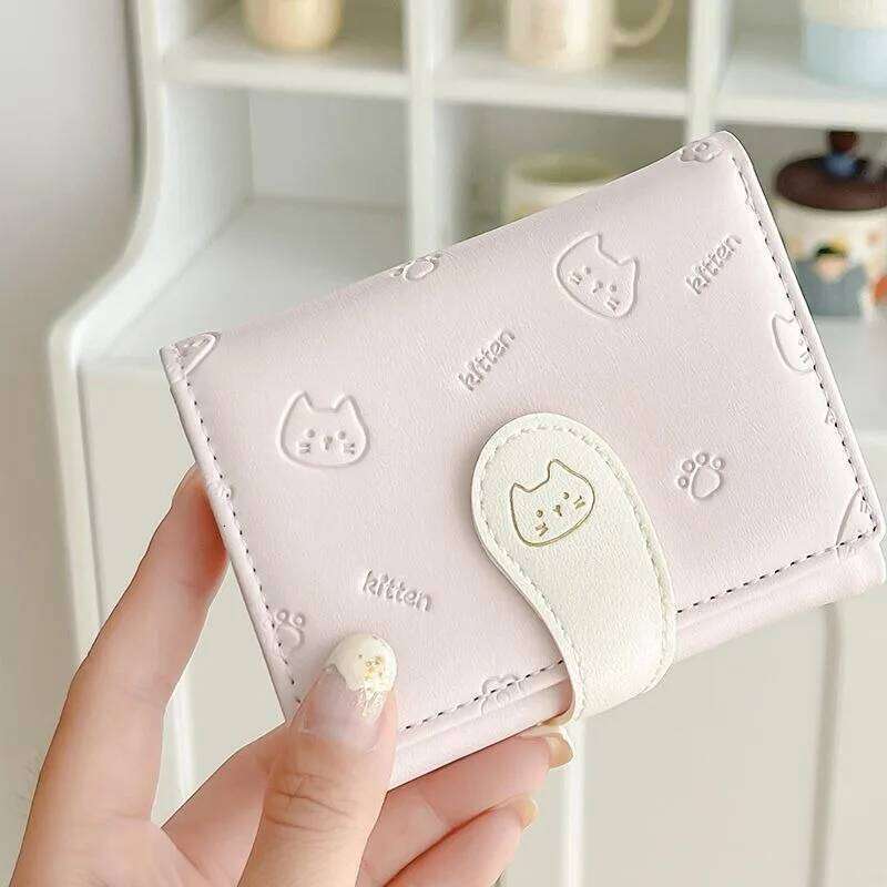 Cute Cat Print PU Leather Wallet Short Fashion Purse Card Holder Buckle Clasp Money Bag Stylish Compact Coin Pouch Y260206
