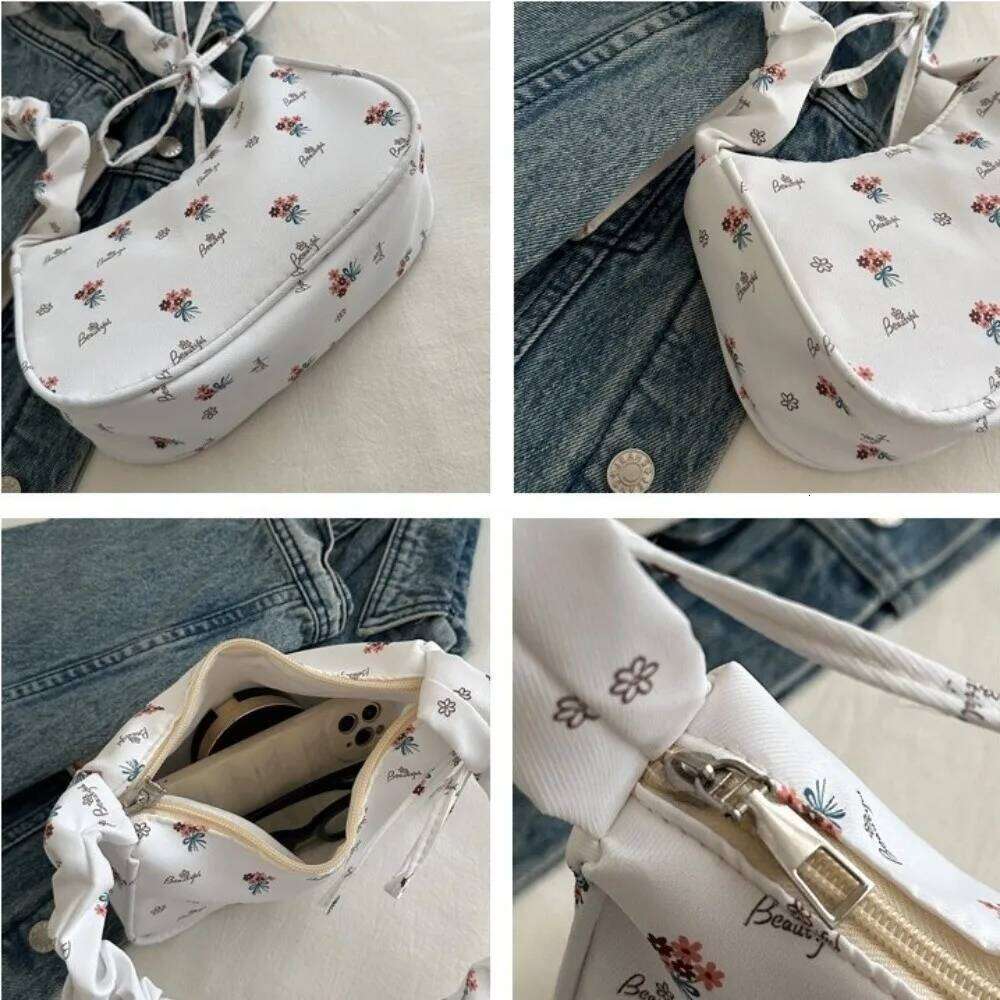 Casual Flower Pleated Underarm Nylon Zipper Floral Shoulder Bag Large Capacity Lightweight Handbags Girls Y260205