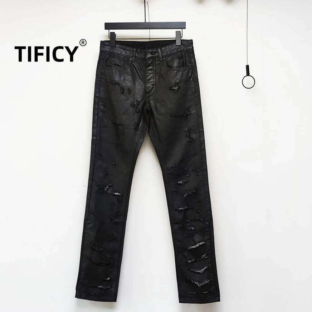 High Street Men's Black Glue Greatly Damages Pants Brush Wax Coating Torn Holes Wash Water Slim Streetwear Fit X260207