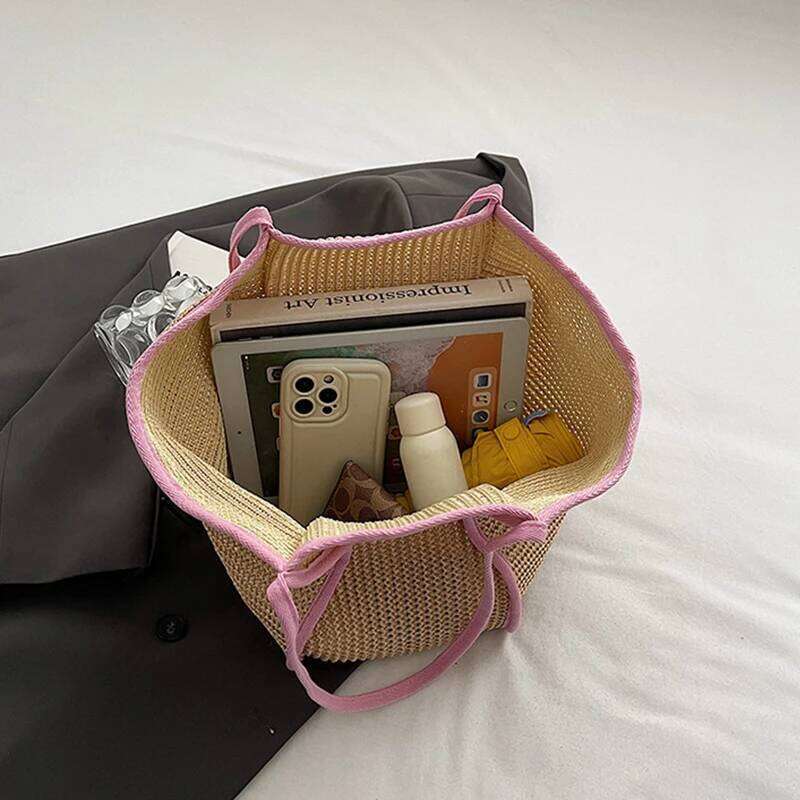 Leisure Hand-held Women Fashionable Splicing Tote Bag, New Trend Niche Design, Shoulder Grass Woven Bag Y260205