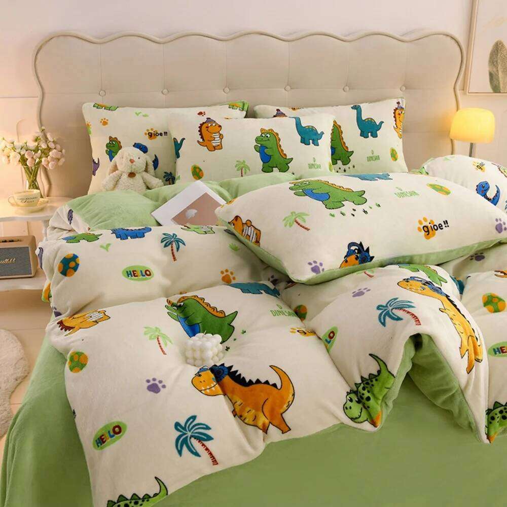 Cartoon Print Milk Velvet Soft Four-Piece Thickened Winter Warm Duvet Quilt Cover Bed Sheet Pillowcase Bedding Set XJ260206