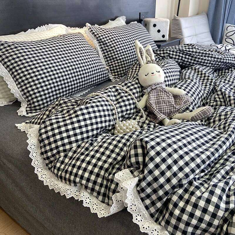 3pcs Black white plaid Duvet cover set 1*Duvet Cover + 2*Pillowcase, Without Core, lace Bedding Set, Soft Comfortable XJ260206