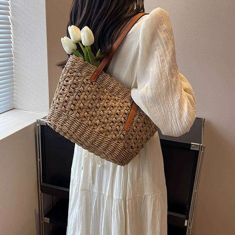 Handmade Straw Shoulder with Leather Handle Hollowed Design Portable Beach Bag for Quality Seaside Vacations Y260204