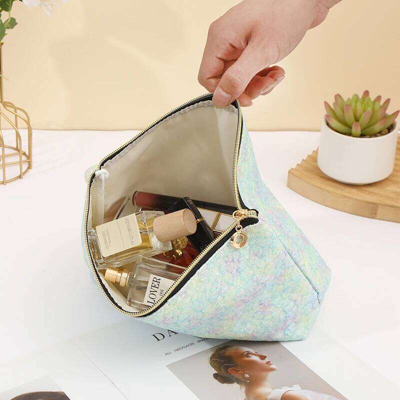 Large Capacity Zipper Lace PU Women's Makeup Fashion Portable Sequin Travel Waterproof Toiletries Storage Bag Y260206