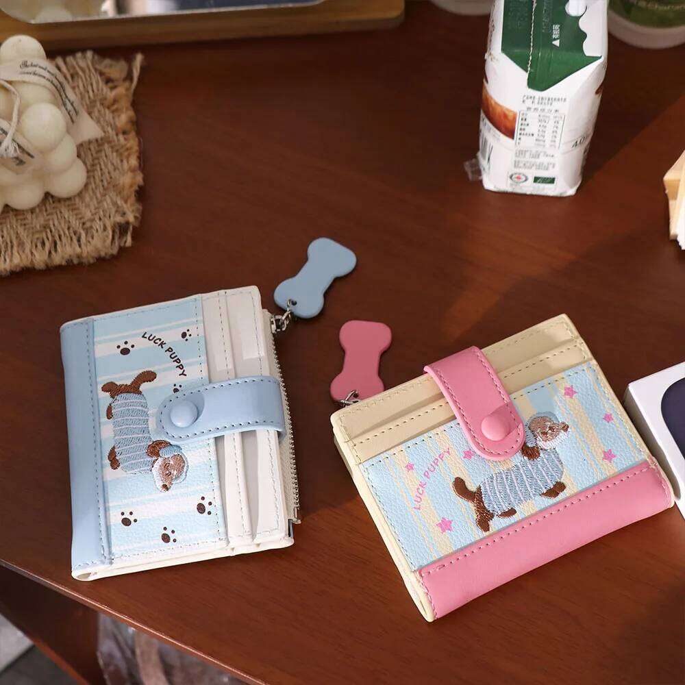 Sweet Dopamine Color Dachshund Embroidery Coin Purse Pouch Card Cartoon Pu Wallet Zipper Ins Small Item Bag Children Y260206