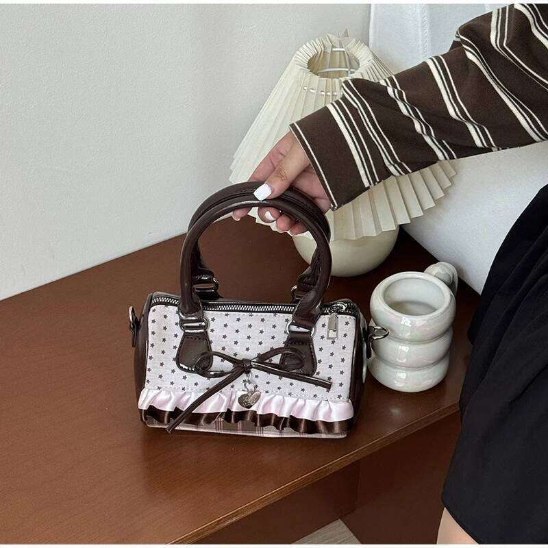 Cute Polka Dot Mini Handbag Brown Bow Design Ruffle Shoulder Sweet Plaid Detail Small Tote Purse Women Casual Crossbody Bag Y260205