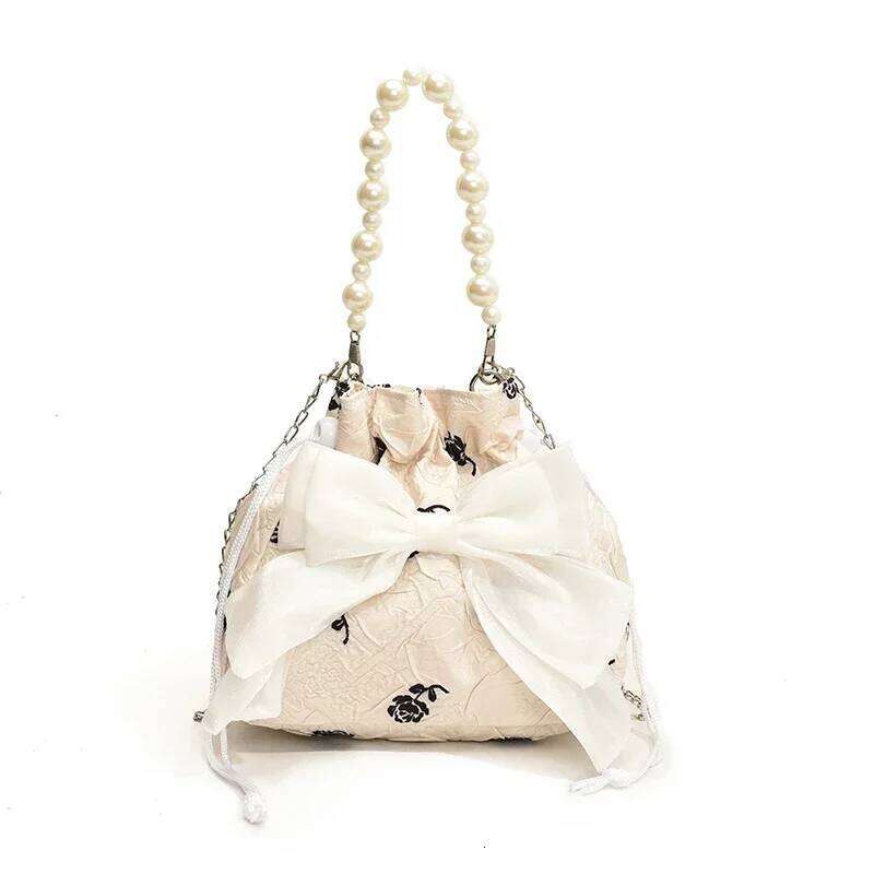 Summer New Elegant and Fresh Flower Niche Crossbody Sweet Bow Pearl Chain Women's Bucket Bag Y260205
