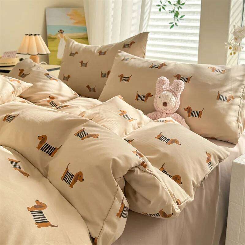 Cute Dog Printed Duvet Covet Set Brown Color Comforter Cover with Pillowcase for Kids Single/Queen/King housse de couette Full XJ260206