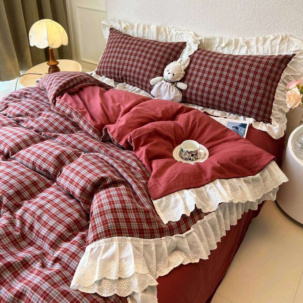 Plaid Bedding Vintage Lace Ruffles Duvet Cover Flat Sheets 2 Pillowcases Single Twin Full Queen Size Bed Set 3/4Pcs XJ260206
