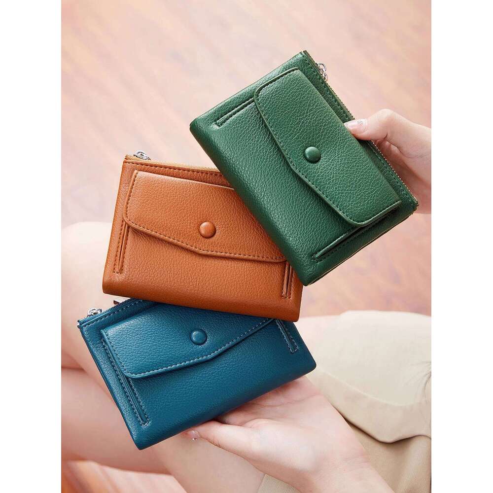 Women's PU leather short double zippered wallet simple solid color large capacity credit card holder bag with coin pocket Y260206