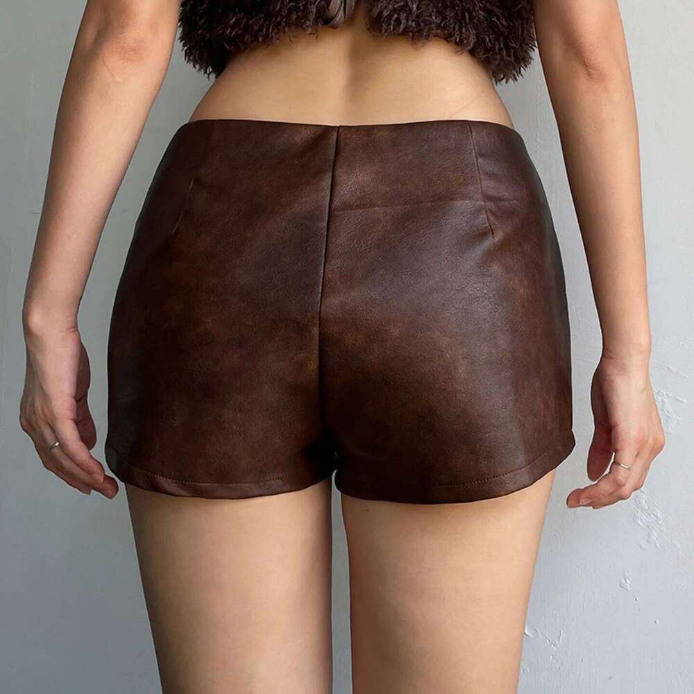 Autumn New Women's Brown Pu Leather Splicing Hole Waist Design Shorts Retro Personalized Fashion Hot Pants XJ260206