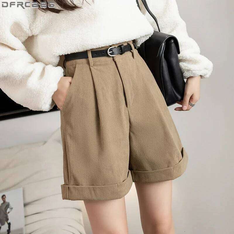 Streetwear Winter Corduroy Women Casual Loose Wide Leg Woolen Shorts With Belt High Waist Short Femme Black Khaki Brown XJ260206