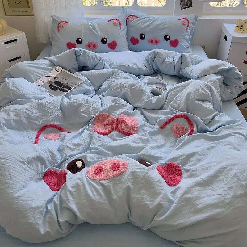 Cute Pig Bedding Set Embroidery No Filler Soft Ins Single Queen Size Duvet Cover Flat Sheet Pillowcase Girls Home Bed Linens XJ260206
