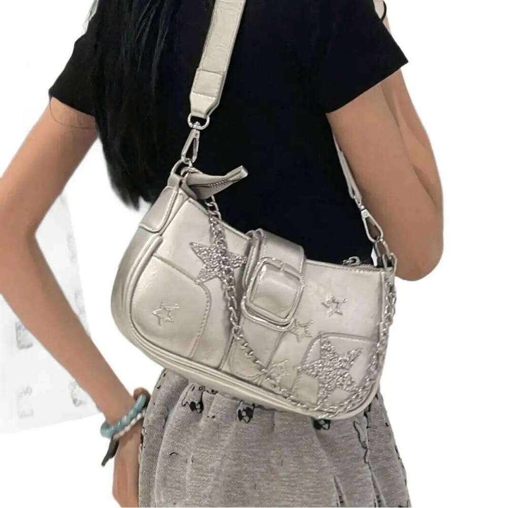 Women's Y2k Star Embroidery Shoulder Mini Chain Hobos Sweet Cool Girls Vintage Handbag Coquette Underarm Motorcycle Bag Y260205