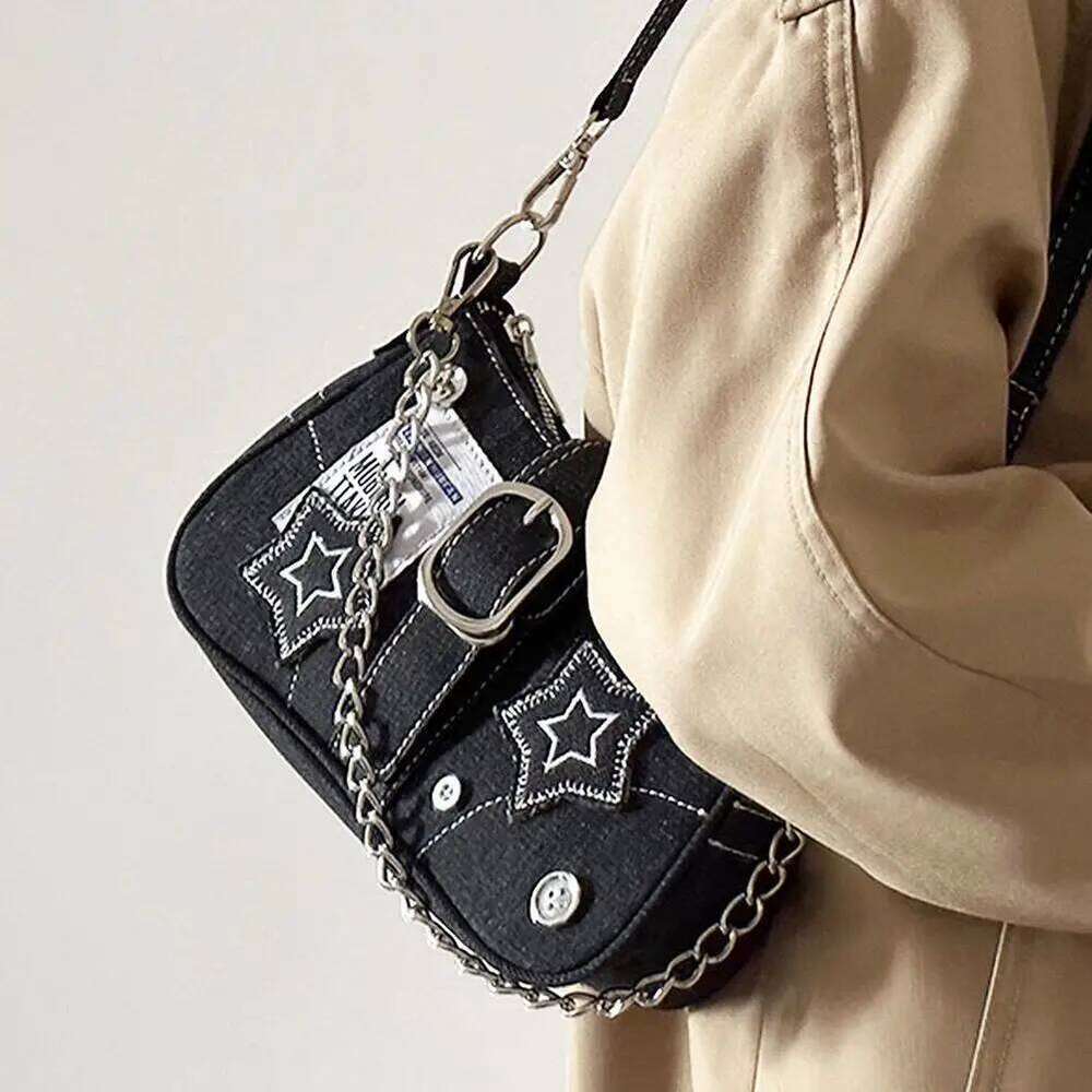Y2K Denim Handbag Women Retro Star Pattern Underarm Rivet Armpit Purse Crossbody Bag for Cool Girls Y260205