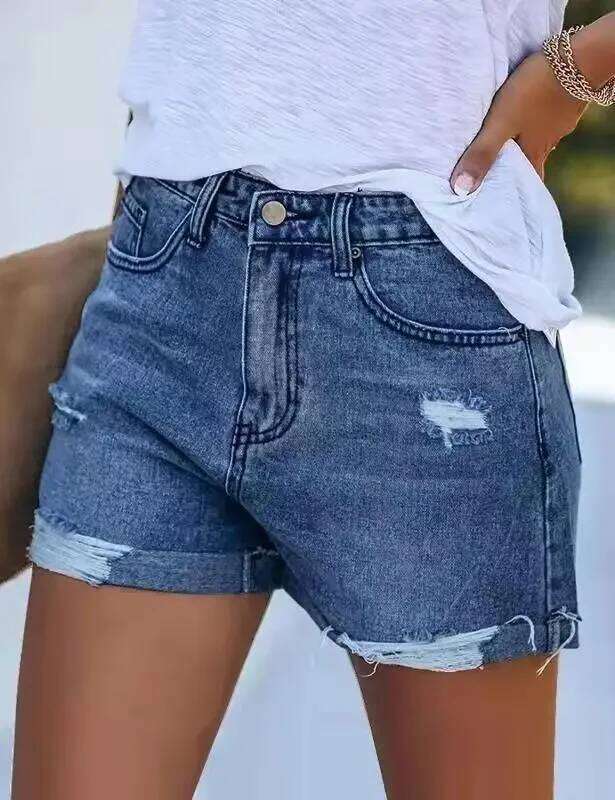 Urban Commuter Washed Ripped Denim Shorts.New Summer Fashion Straight-leg Rolled Edge Casual and Mid-waist Short Jeans for Women XJ260206