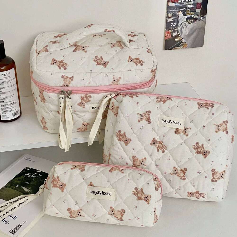 3pcs Quilted Cute Makeup Bag Set Travel Cosmetic Organizer with Handle for Toiletry Beauty Essentials Multiple Patterns Y260206
