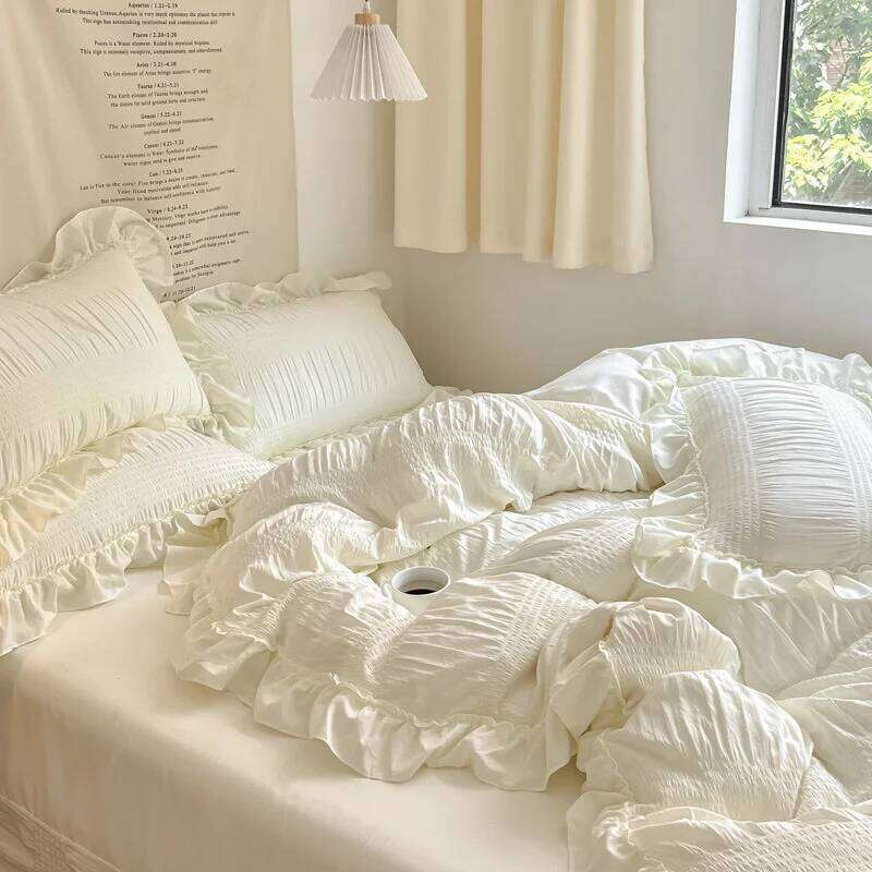 Lace Seersucker Ins Style Korean Washed Cotton 4-piece Bed Sheet Quilt Solid Color Duvet Cover For Girl Spring Decor Home XJ260206