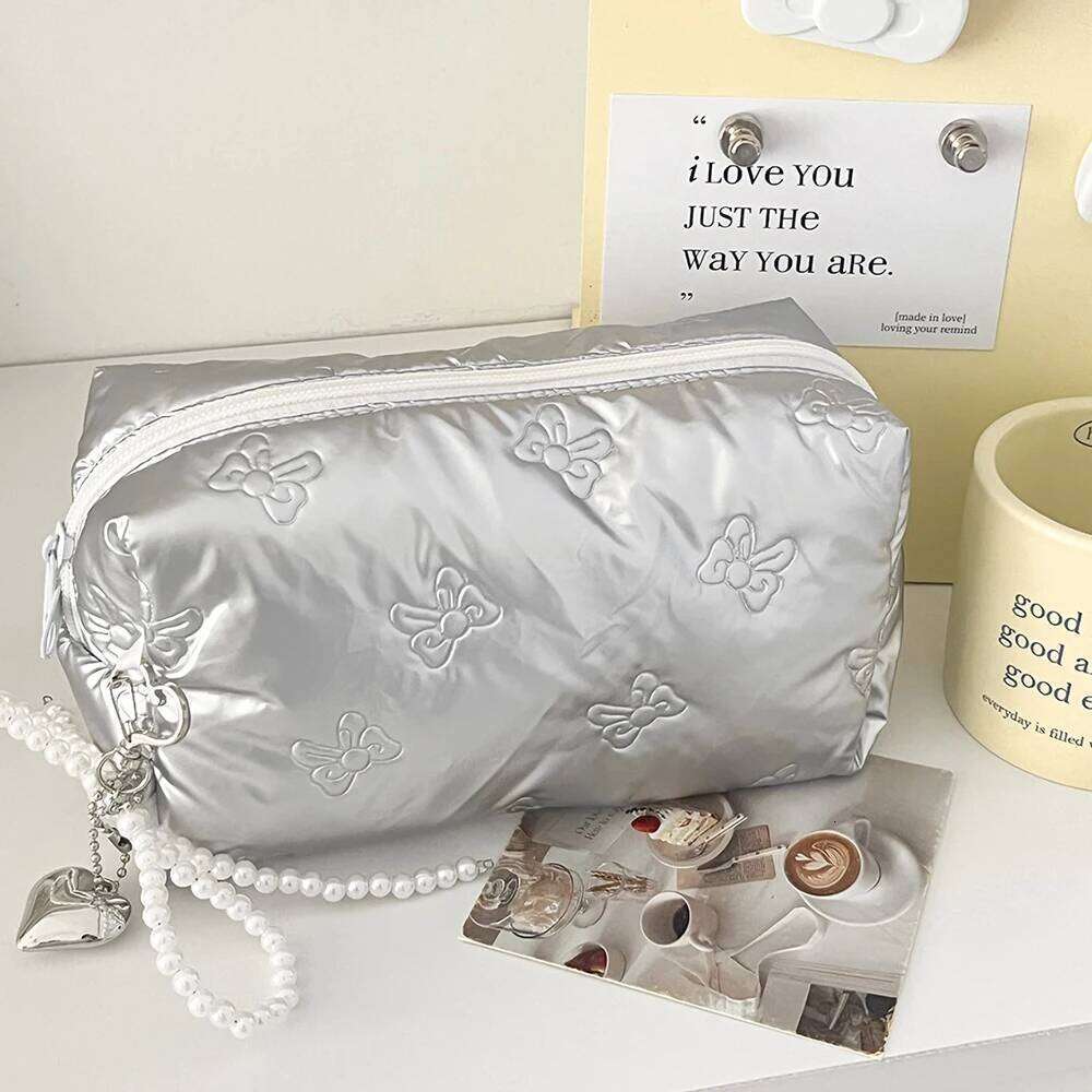 Silver Bow Women Pearl Zipper Makeup Portable Coins Lipsticks Cosmetic Storage Pouch Purse Ladies Elegant Square Bag Y260206